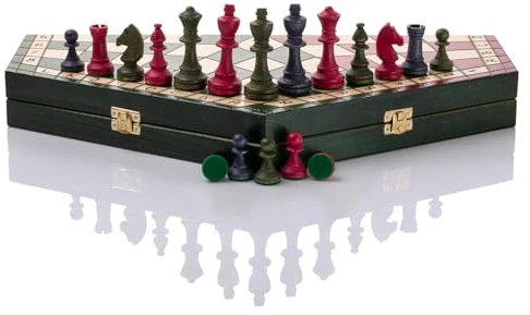Farbenfroh 3 Personen Schach | Master of Chess | XL Chess Board 54x47 cm | Engelhart Hochwertiges Massivholz Schachspiel - Schachbrett für Kinder und für Erwachsene