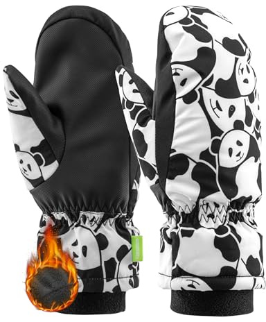 QUNATURE Kids Ski Mittens Winter Warm Windproof Water-resistant Fleece Lined Panda Pattern Mittens for Boys Girls Children Snowboarding Skiing