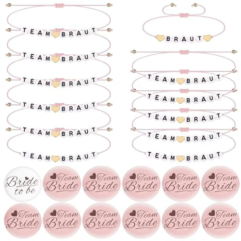 12Sets JGA Accessoires Frauen JGA Armbänder Frauenjunggesellenabschied | TEAM BRIDEoder BRIDE TO BE Einstellbar Armbänder & Abzeichen, Perfektes Geschenk für Dating, Hochzeit, Begleitgeschenk