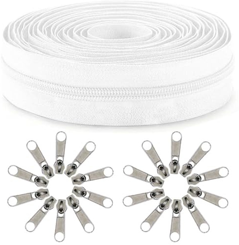 Amykite Endlos Reißverschluss weißer mit Zipper aus Nylon 9m+20 Schieber aus Metall,#8 Nähreißverschluss–Breite 38mm,Reißverschlusszahnbreite 8mm,geeignet für Taschen,Kleidung,Bettwäsche Kissen usw.