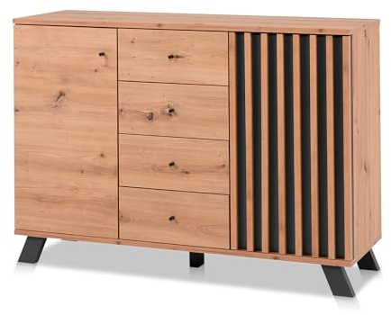 KHG Sideboard 2-türig inkl. 4 Schubladen Scandi, Kommode aus Holzwerkstoff | Kommode aus Holzwerkstoff Eiche foliert für Wohnzimmer und Esszimmer, 120x85x40 cm (B/H/T), Schublade, Tür