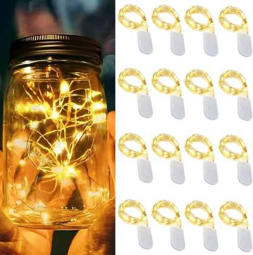 16 Stück 1M 10 LEDs Mini LED Lichterkette Batterie – Warmweiß | Wasserdichte Kupferdraht Lichterkette. für Party, Garten, Weihnachten, Hochzeit, Halloween Deko. Batteriebetrieben, flexibel