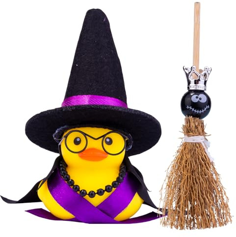 Mwmoeen Car Rubber Duck Ornaments Halloween Duck Car Dashboard Decorations with Mini Witch Hat Broom Sunglasses Necklace Halloween Accessories (A)
