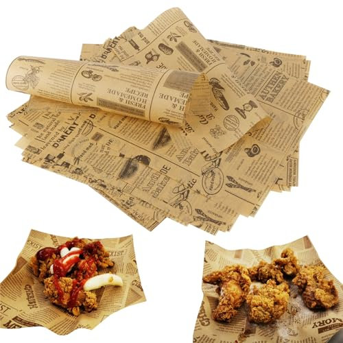Yqhugbc 100 Blätter Deli Papierblätter, Wrap Papier, Backpapier Zeitungsoptik, Sandwich Wrap Papier, Pommes Papier für Korb, Käsepapier, Papier für Sandwiches, Pommes Frites, Burger, Kuchen