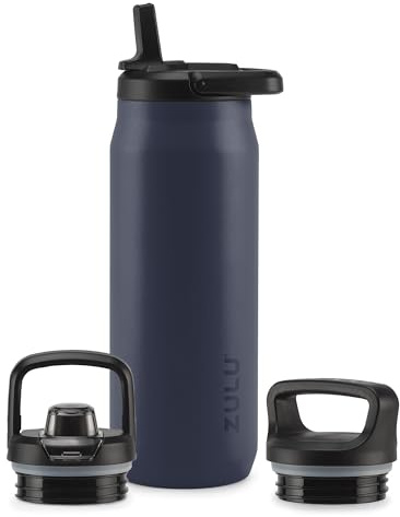 ZULU Core 32oz Stainless Steel Water Bottle with 3 Lids- Straw, Chug, Twist | Double Walled and Vacuum Insulated Metal Thermos | For Gym, Outdoor | Built in Carry Loop, Dishwasher Safe, Navy