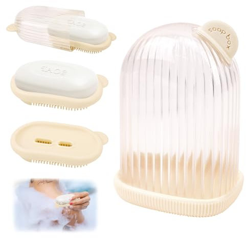 Boite Savon Voyage Plastique Transparent avec Bac d'Égouttage, Porte-Savon pour Shampooing Solide (Blanc Amande)