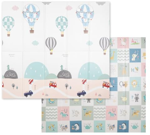 KiddyMoon Babymatte Zweiseitige Krabbelmatte Schaumstoffmatte Für Kinder Kindermatte Kindgerechte Muster Spielplatz Entwicklung Sicherer Bequemer Für Drinnen Draußen 180X200x1cm, Grau- Luftballons