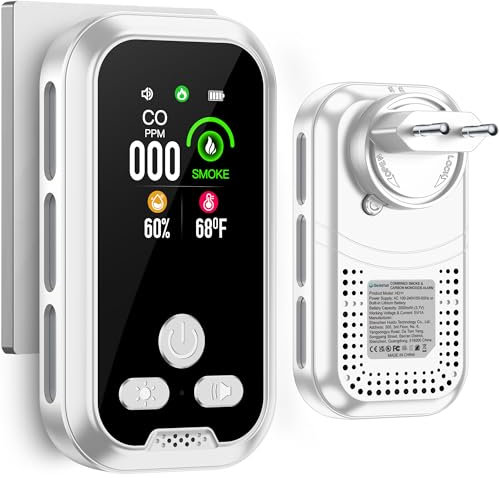 Gedsffati Rilevatore di Fumo e Monossido di Carbonio con Spina per Casa, Allarme di Fumo, Rivelatore di Monossido di Carbonio (CO), Rivelatore di Incendio, Allarme Incendio, Bianco, HD11-CS