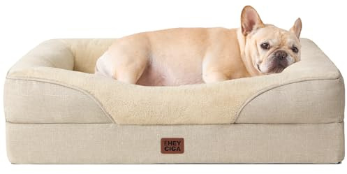 EHEYCIGA Orthopädisches Hundebett mit 4 Rändern, 76x51cm, Beige | Memory Foam, Waschbarer Bezug, Wasserdichte Beschichtung, Rutschfester Boden, Reversibles Design, Dauerhafter Reißverschluss