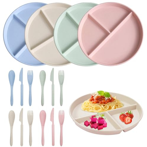 Delat set med mattallrikar, 4 stycken delade tallrikar med uppdelning, delade mattallrikar set med 3 fack tallrikar och 4 stycken bestickset för vuxna barn, skola, kontor, hem, fest, 4 färger