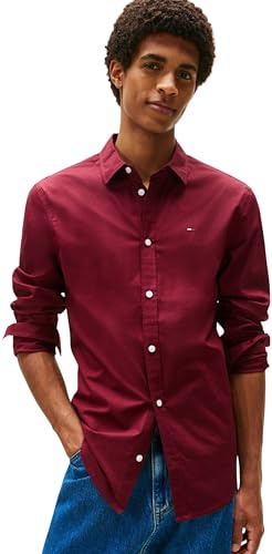 Tommy Jeans Camisa Hombre Original Stretch Manga Larga, Rojo (Red Wine), S