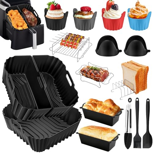 22 Piezas Molde Silicona Accesorios Esenciales para Cecotec Freidora de Aire sin Aceite de 6L Recipientes Cuadrad con Silicona Mini Manoplas Horno, Molde Antiadherente para Pan