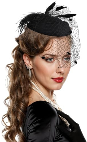 Vintage Schwarz Fascinator Hut Damen - Schleier Mesh Federn Pillbox Hut Kopfschmuck - 20er 50er Jahre Mode Haarschmuck Damen Elegante fur Hochzeitshut Tea Party Beerdigung Cocktail Teeparty Hüte
