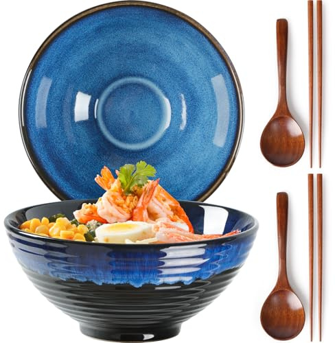 NUTRIUPS Ramen Bowl Set of 2-1200ml Ceramic Ramen Bowl, Japanese Style (Blue Ocean Wave)