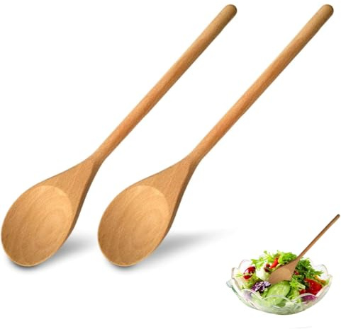 2Pcs Wooden Spoon, Natural Wood Long Handle Round Spoons, Wooden Spoons for Cooking, Heat Resistant Wooden Cooking Utensils Set for Soup Mixing Stirrer Kitchen Tools Utensils