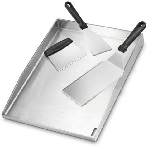 WELL GRILL Plancha Grillplatte Edelstahl 4mm für Gasgrill & Holzkohlegrill, 40 x 30cm BBQ Plancha Grillplatte mit Grillspachtel Set, Rundum Auslaufen