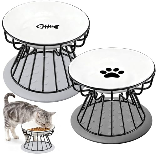 Kattenskål med förhöjd metallställning, 2 st keramiska kattskålar, mat- och vattenskålar för katter med förhöjd ställning, metallfäste, husdjursmatsskål mot kräkning, kattskål för katter och valpar
