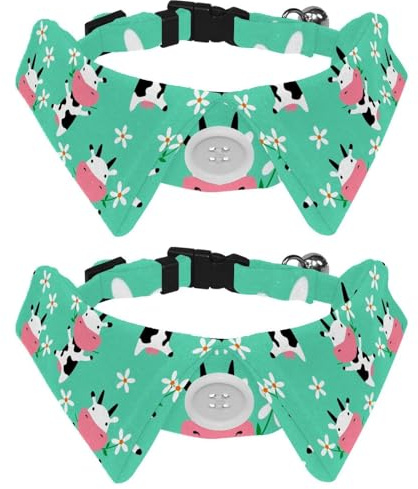 Confezione da 2 collari per cani con papillon e campana, motivo con mucche che mangiano erba e fiori, design regolabile, per gatti di piccola taglia