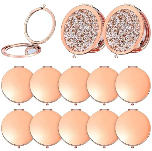 YFNVH Lot de 12 Miroirs de Poche avec Strass Brillants, Miroirs Compacts de Maquillage Pliables Or Rose, Double Face 1X/2X, Cadeaux Invitées Mariage, EVJF, Demoiselles d’Honneur, Fête des Mères