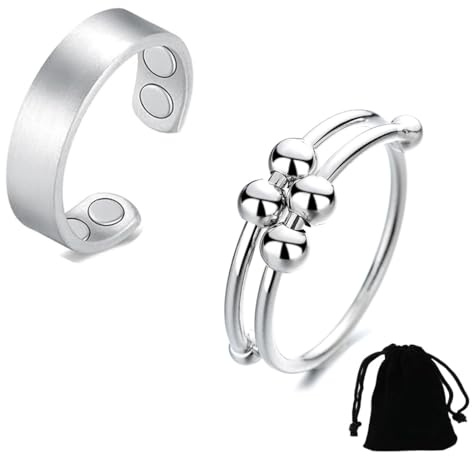 ROKZELT Vital Ring, Ring, Magnetring, 2 Stück, Antistress Ring, Wechseljahre Ring, Ängstlichkeits Ring, Edelstahl Ring, Silber, Öffnungsregulierbar, 4 Magnete, 2.3x0.8cm, Für Damen
