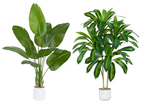4FT Artificial Dracaena Plant & Bird of Paradise Fake Palm Tree Feaux Plants in White Pot Artificial Tree Fake Plant for Indoor Outdoor Modern Decoration for Home Living Ro