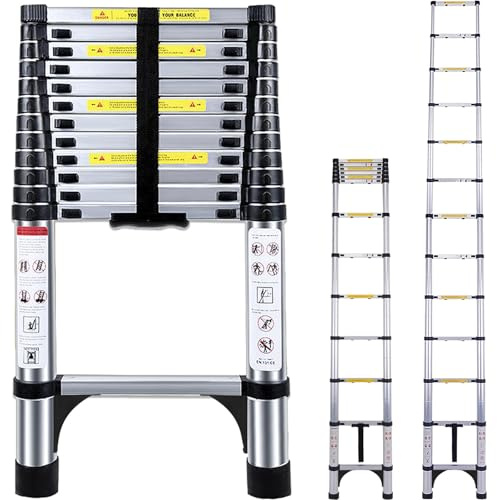 Telescopic Ladder 3.8M Aluminium Extension Ladder, Loft Ladder | Multi Purpose Adjustable Height Ladders Extendable, Folding Ladders Non-Slip Feet & Safety Locks for Roof Attic Caravan