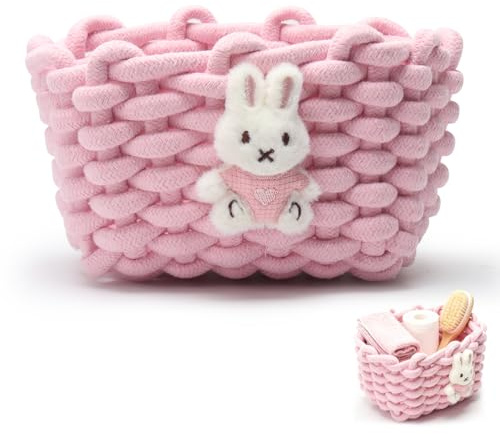 Aufbewahrungskorb Geflochten Baumwolle Strickkorb，mit Bärenmotiv Aufbewahrungskorb Weiß - Badezimmer Organizer，für Schreibtisch, Schminktisch, für Schränke,Bad,Küche (pink)