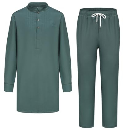 WAZHAKU Muslim Kaftan Herren 2 Teiler Oberteile + Hose Islamische Kleidung Für Männer Afrikanische Arabisch Eid Kleidung Gebetskleidung Roben Traditionelle Ethnische Hemd Hose Set Business