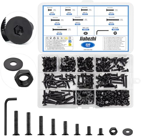 Jiahezhi 550 Stück M4 Schrauben set, Schwarz Senkkopfschrauben Muttern Set | Maschinenschrauben Sortiment, Metrische Innensechskantschrauben Muttern Set, Gewindeschrauben Set für Fahrräder Reparieren