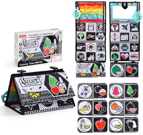 Sukizifa Livre en Tissu Pliable avec Miroir et Motifs de Fruits Noir et Blanc, Livre sensoriel à Contraste élevé pour la Perception visuelle, Compact pour Les déplacements comme idée Cadeau