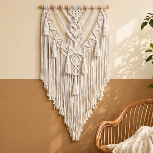 Piashow Makramee Wandbehang Boho Wanddeko aus Baumwolle, Handgefertigt Wandteppich mit Quasten Apartment Schlafzimmer Balkon Dekoration 70cm (W) x 40cm (L)