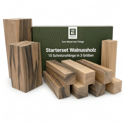 EdpaS Set di 10 pezzi di legno da intaglio in noce in 3 misure, blocchi di legno per intagliare, tornire, fai da te e progetti creativi in legno