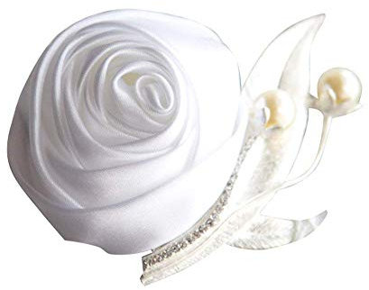 Cheerlife Damen Ansteckblume Haarschmuck Handgefertigt Satin Rosen Blume mit Perlen Brosche Hochzeit Party Boutonniere Reversnadel Braut Bräutigam Weiß