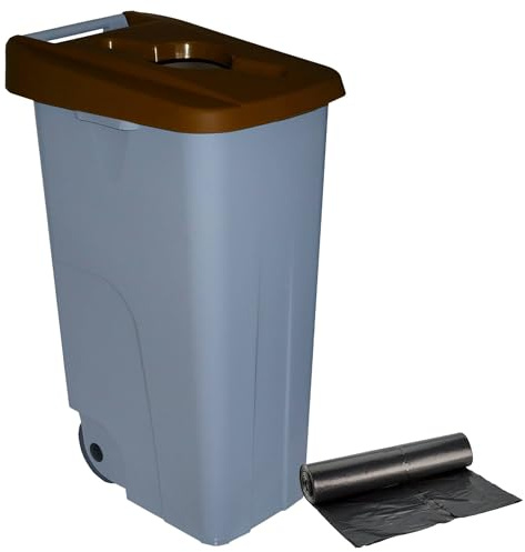 Contenedor de Residuos Reciclo 110L Marrón con Tapa Abierta y Ruedas – Plástico Resistente, Encajable, Asa Ergonómica, Ideal para Orgánicos y Colectividades | Denox