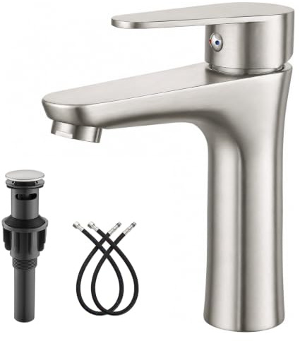 Heyalan Bathroom Faucet Single Handle 1 Hole SUS304 Stainless Steel Deck Mount Lavatory Single Switch Basin Sink Faucet with Pop Up Drain and Hot and Cold Water Mixer Brushed Nickle