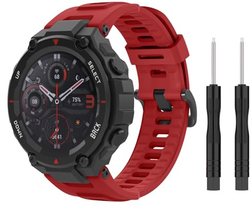 MoKo Strap Compatible with Amazfit T-Rex/T-Rex Pro Smartwatch, Soft Silicone Replacement Sport Watch Band Waterproof Breathable Wristband with Screwdrivers, Red
