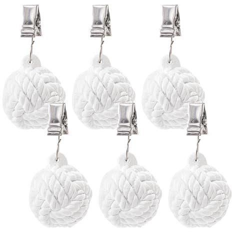 AVLA 6 Pack Tablecloth Weights, Heavy Cloth Pendant with Metal Clips, Cast Iron Round Ball Hangers, Stainless Steel Table Covers Clamps for Decoration, Outdoor, Picnic, Family Dinner Party, White