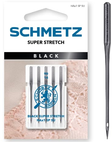 SCHMETZ | 5 Agujas para máquinas de coser | Super Stretch Black | HAx1 SP SU | Grosor 90/14 | Con revestimiento antiadherente para trabajos delicados de costura con materiales frágiles