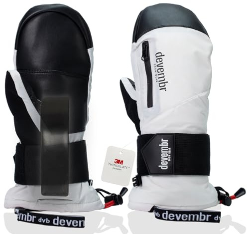 devembr Manoplas de esquí con Muñequeras, Manoplas de Snowboard con Pantalla Táctil, Impermeables, Blanco, M