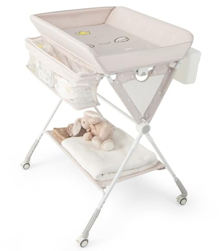 RELAX4LIFE Cambiador de Bebé Plegable con 4 Ruedas Giratorias con Frenos, 3 Alturas Ajustables, Cestas de Almacenamiento y Cinturón de Seguridad, Cambiador Bebe Mueble para Bebé 0-12 Meses (Beige)