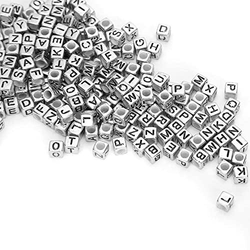 Perlin 300 Stück Acryl Würfel Buchstaben Perlen Silber Schwarz Initiale Alphabet Großloch Europäische Perlen für DIY Freundschaft Armband Schmuckherstellung