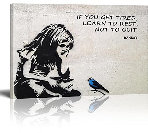 Chenbing Art Banksy Wandbild 'If You Get Tired Learn To Rest Not Quit' (30x50 cm), gerahmte Leinwand-Kunst für Wohnzimmer, Büro, Wanddekoration