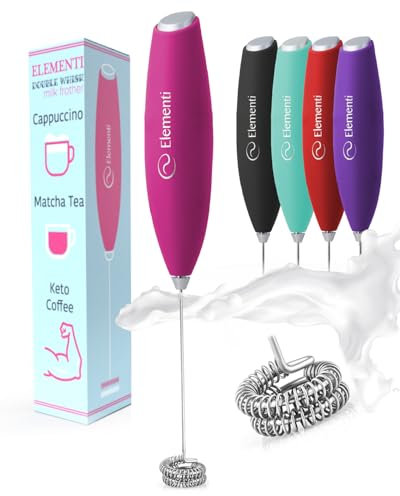 Elementi Milk Frother Wand with Double Whisk - Coffee Frother Electric Stirrer - Matcha Whisk & Drink Mixer Handheld - Hand Held Milk Frother & Electric Whisk for Coffee (Double Whisk, Hot Pink)