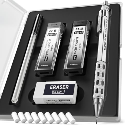 Nicpro Set de crayons à pression 0,5 mm dans un étui, crayons mécaniques métalliques de la série Blocky Gear avec mine HB, gomme, crayons pour l'écriture artistique professionnelle et pour adultes