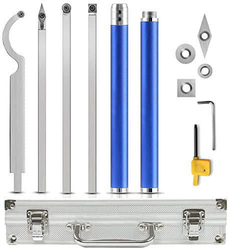 Carbide Tipped Wood Lathe Turning Tools Set,Wood Lathe Chisels,Lathe Rougher Finisher Swan Neck Hollowing Tools and Aluminum Alloy Grip Handle with Diamond Round Square Carbide Inserts
