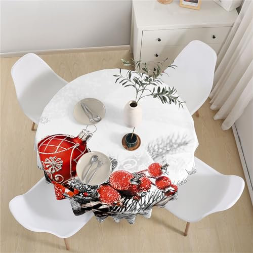 Hixingo Tovaglia Impermeabile Rotonda, Agrifoglio di Natale Tovaglie Festa Idrorepellente Antimacchia Copritavolo per Decorativa Cucina Giardino (Diametro 180cm,Bacche Rosse A)