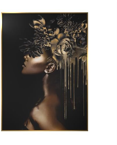 STYLER Gerahmtes Bild Yowita 50 x 70 cm I Frau mit goldenen Akzenten und Blumen modern elegant Schwarz-Gold Stil I Wandbild Wohnzimmer Schlafzimmer Büro I Wanddeko Kunst Bild mit goldenem Rahmen