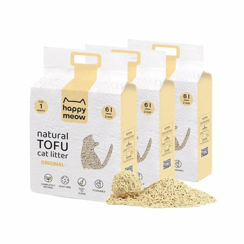 HAPPY MEOW Arena de Tofu para Gatos (18L/7,5Kg) - Natural y Biodegradable - Aglomerante Instantáneo, Bajo en Polvo, Control de Olores Duradero, Ultra Absorbente, Desechable en el Inodoro (Vainilla)