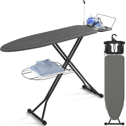 KINGRACK Ironing Board, Iron Board with Bottom Storage Tray, Heat & Scorch Resistant Fabric, Cord Holder, Ironing Boards with Iron Rest, 7 Adjustable Heights, Heavy Duty 13x43, Black