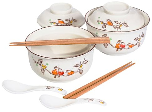 Ceraozmus Ensemble de bols Ramen en céramique 800 ml avec couvercle, cuillère et baguettes, grands bols à soupe japonais vintage bol de nouilles instantanées vaisselle asiatique (Oiseau*2)
